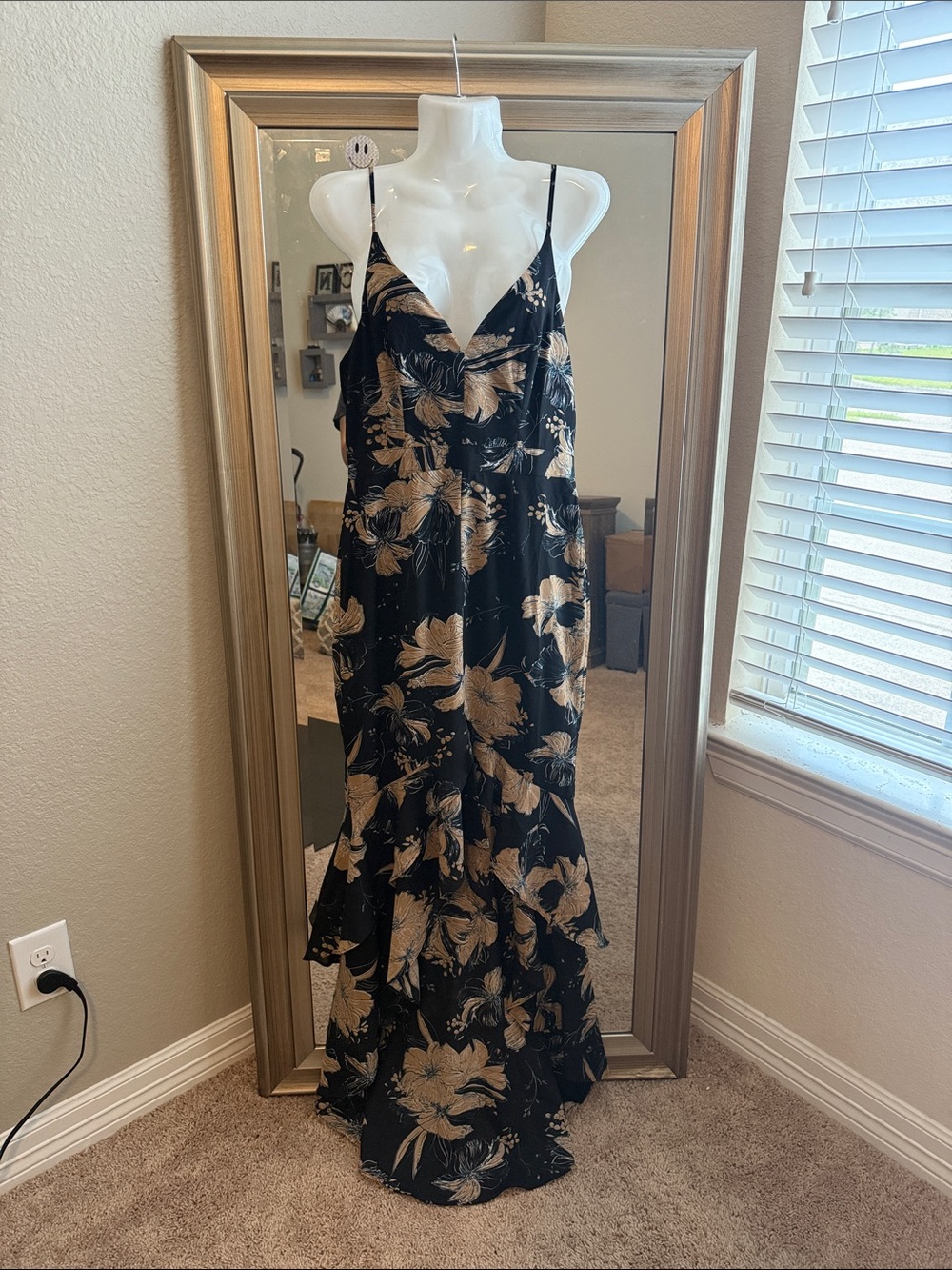 Black Floral Slip Maxi Dress with Gold Print